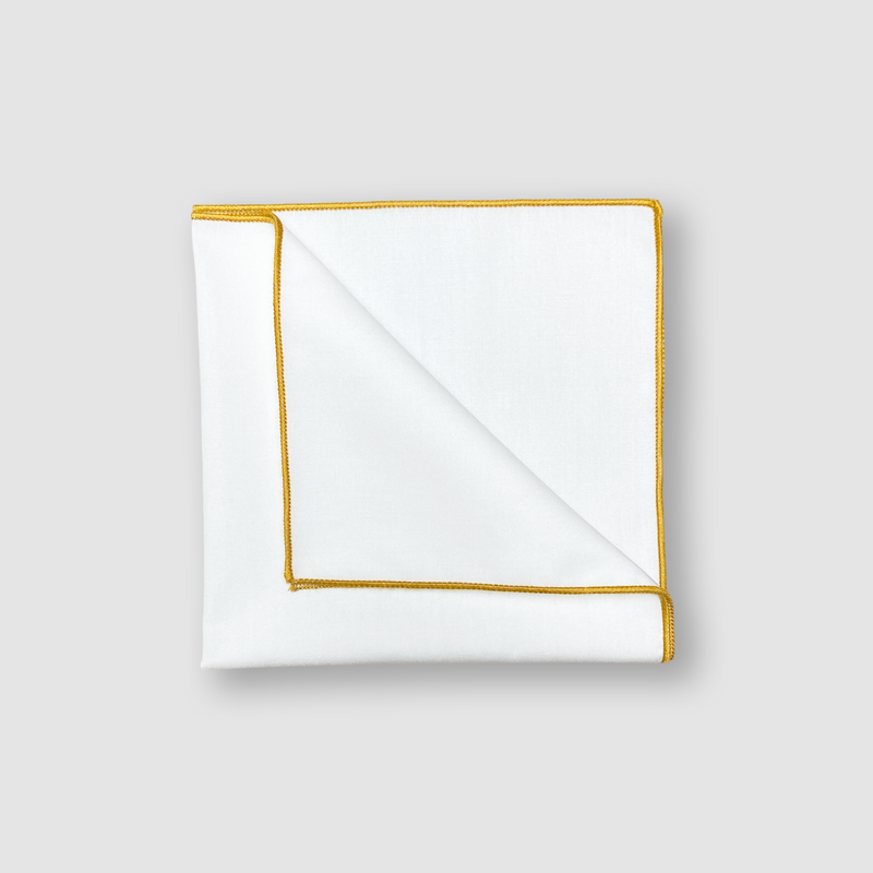 Carmen Harlan Collection's square, Elegant White Handkerchief, with burnt orange pearl edge detail.