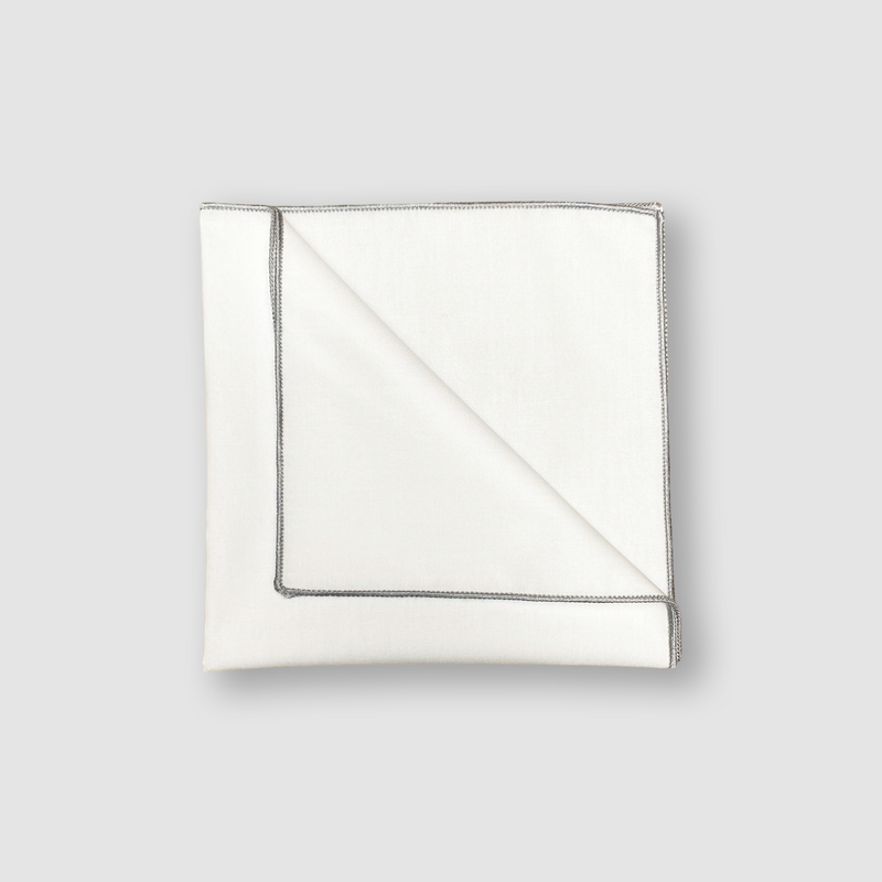 Carmen Harlan Collection's square, Elegant White Handkerchief, with grey pearl edge detail.