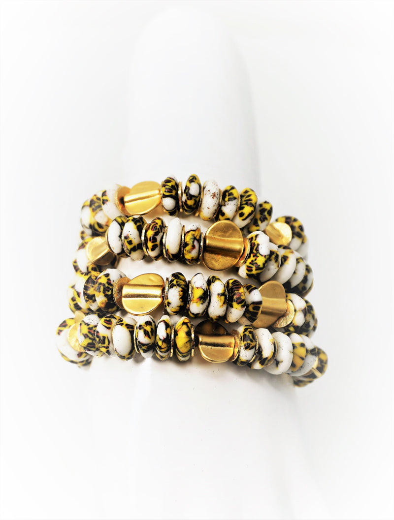White, Yellow, and Black Krobo Bead Bracelet