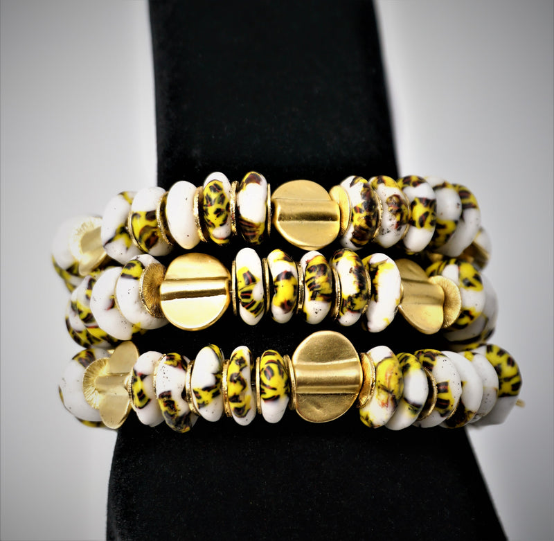 White, Yellow, and Black Krobo Bead Bracelet